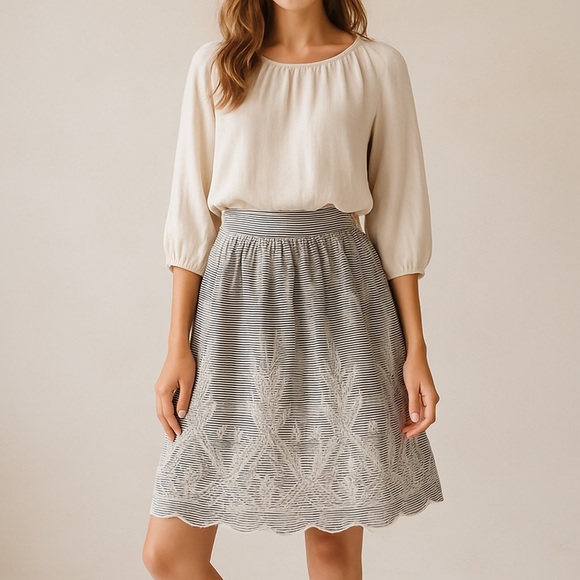 NY Collection Black White Striped Skirt w/ Embroidered Hem | Size 6 - Picture 3 of 15